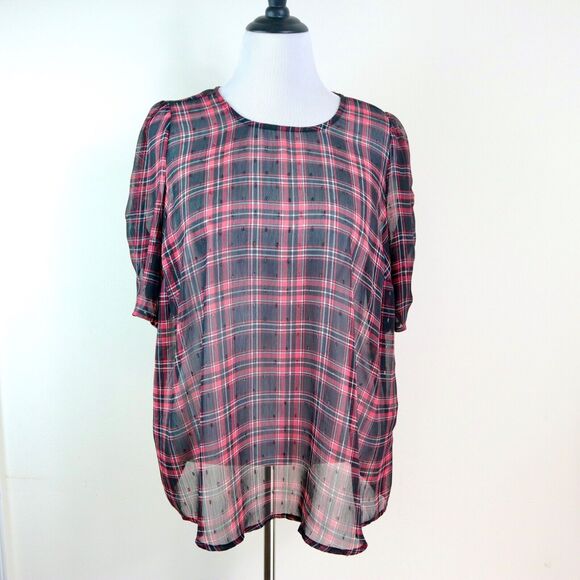Torrid Size 0 / L Chiffon Lurex Ruched Sleeve Blouse Plaid Red Black - Picture 3 of 10